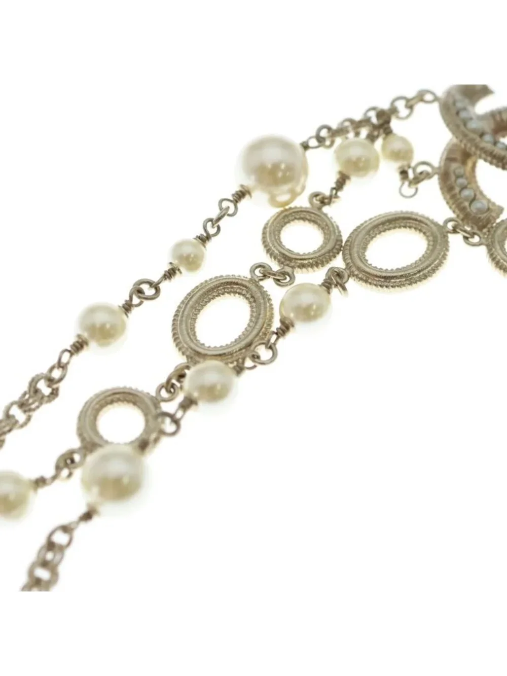 Chanel CC Logo Double Strand Pearl Pendant Chain White Gold